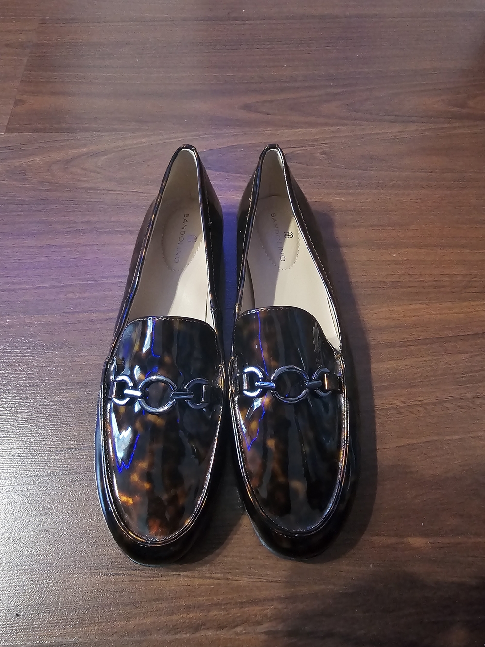 Bandolino Tortoiseshell Brown Patent Loafers with Silver Horsebit Size 8.5M